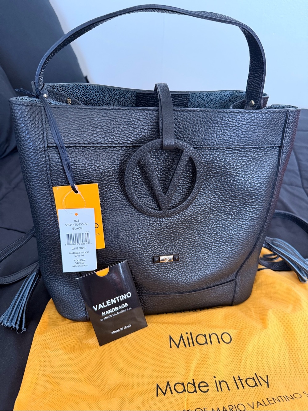 Valentino Black Pebbled Leather Tote with Signature V Medallion